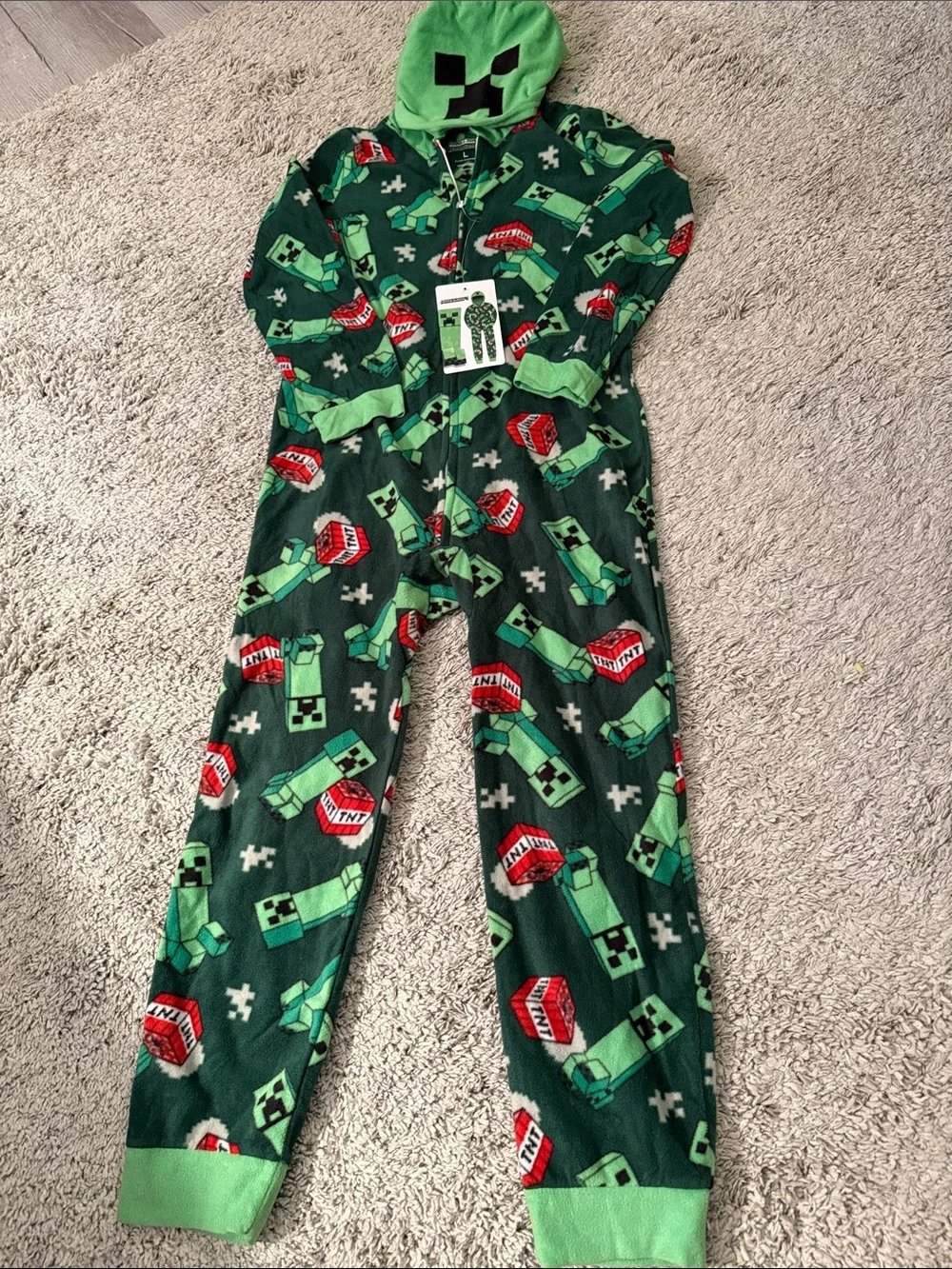 NWT Minecraft Creeper Kids Fleece Onesie with Hood flannel fall winter big kids